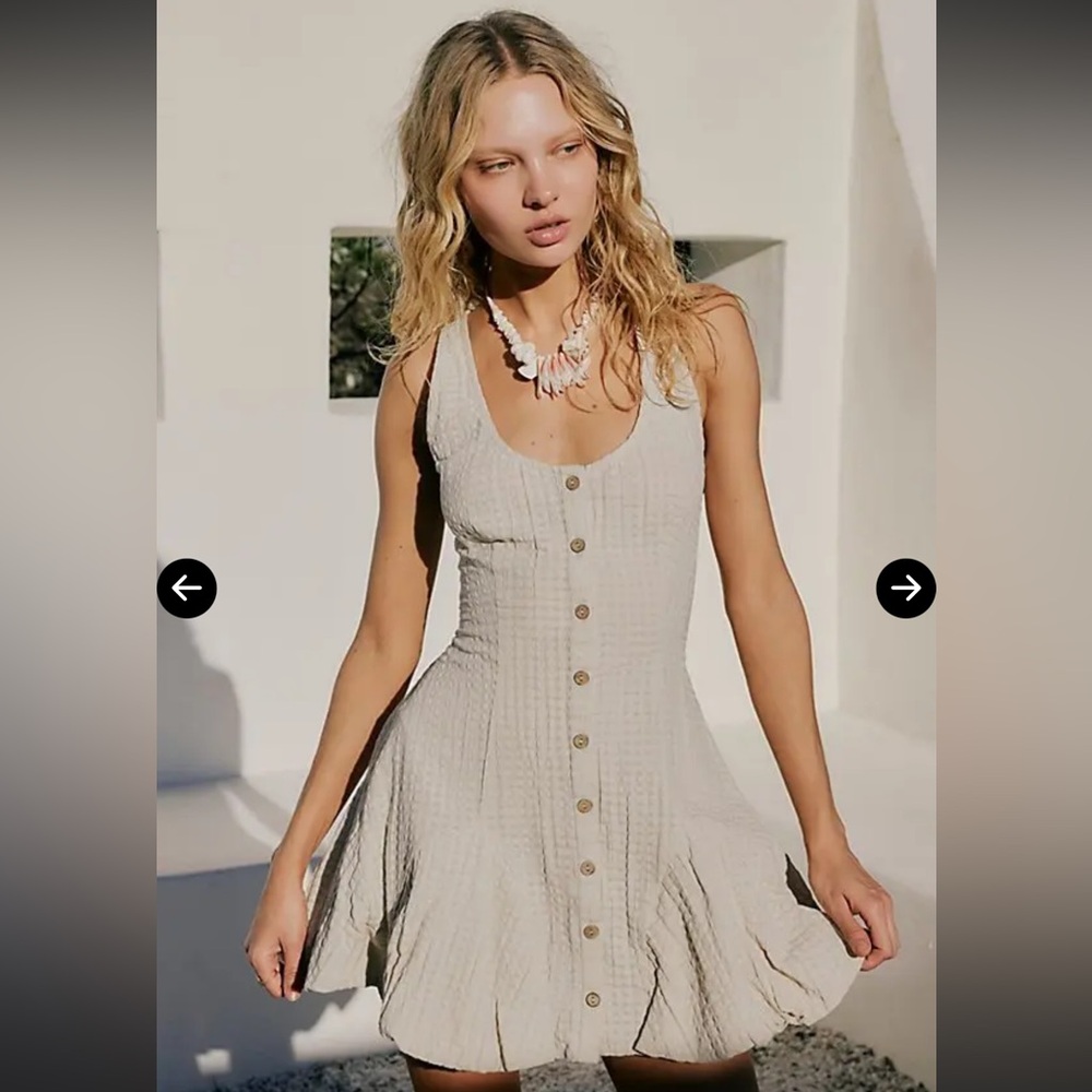 Free People Adorable Cream Waffle Button-Down Dress with Bubble Hem